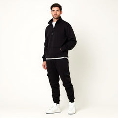 Men's Fleece Voi London Mock-Neck Tracksuit With Zipper  - Black