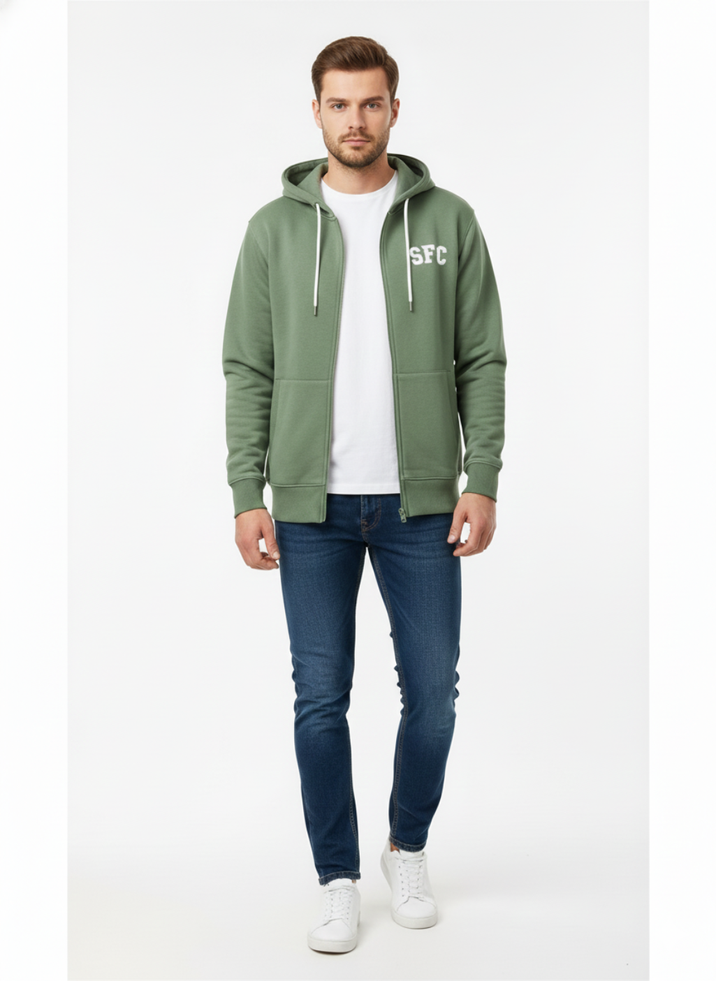 Men's zip up Hoodie with white draw strings - Military Green