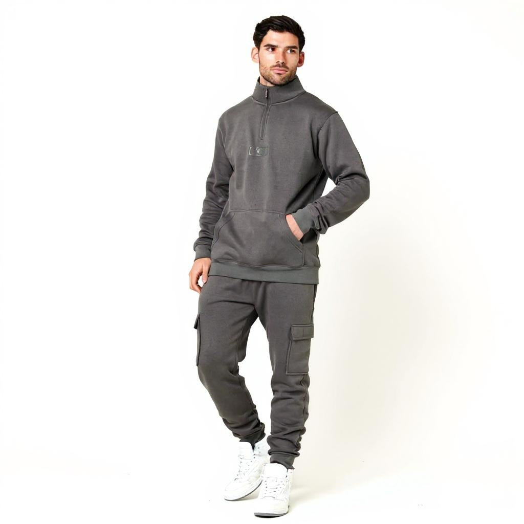 Men's Fleece Voi London Mock-Neck Tracksuit With Zipper  - Grey Metallic