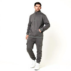 Men's Fleece Voi London Mock-Neck Tracksuit With Zipper  - Grey Metallic