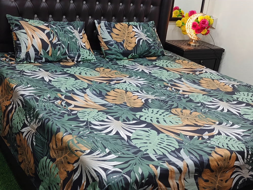 100% COTTON PRINTED BED SET (1 KING SIZE BED SHEET + 2 PILLOW COVER)