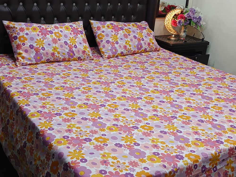 100% COTTON PRINTED BED SET (1 KING SIZE BED SHEET + 2 PILLOW COVER)
