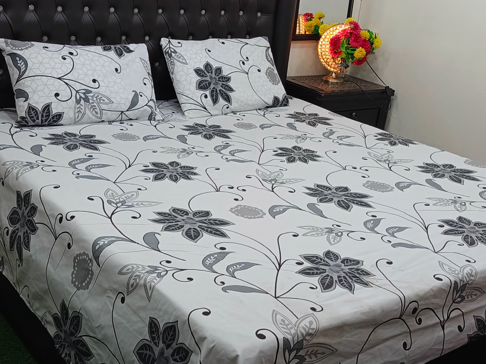 100% COTTON PRINTED BED SET (1 KING SIZE BED SHEET + 2 PILLOW COVER)