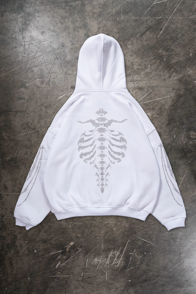 Rhinestone Ribcage Frontzip hoodie White