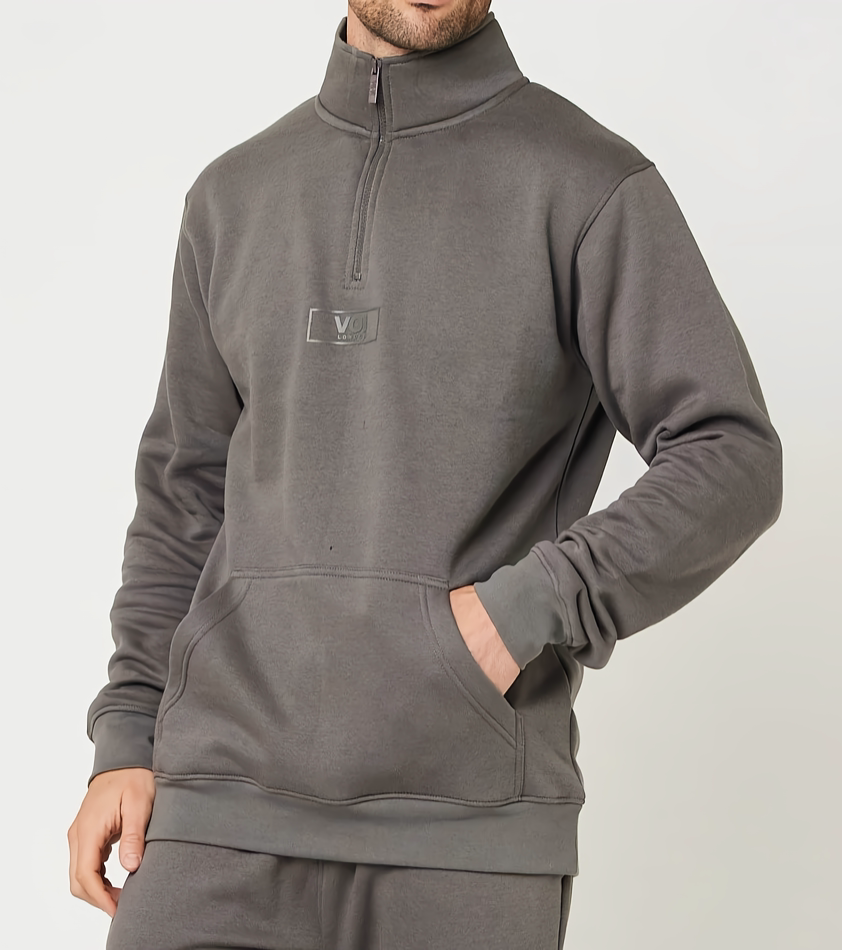 Men's Dark Grey Mock Neck Quarter Zipper Sweat Shirt