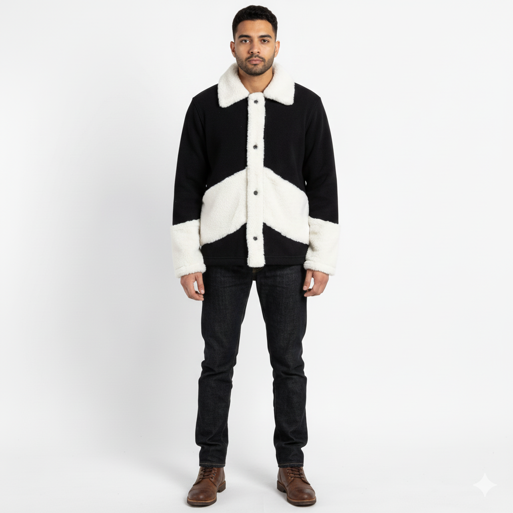 Men’s Black Shearling Panel Jacket – Faux Sherpa Winter Coat