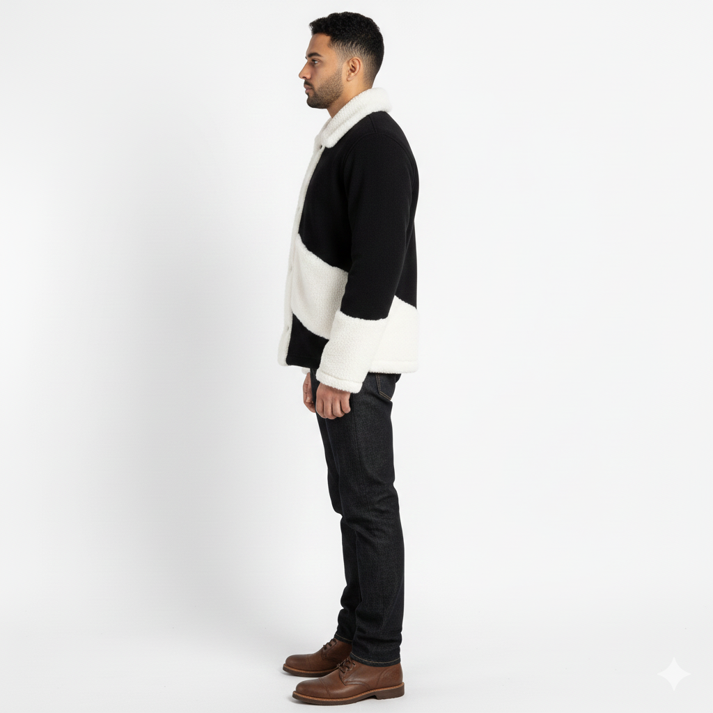 Men’s Black Shearling Panel Jacket – Faux Sherpa Winter Coat