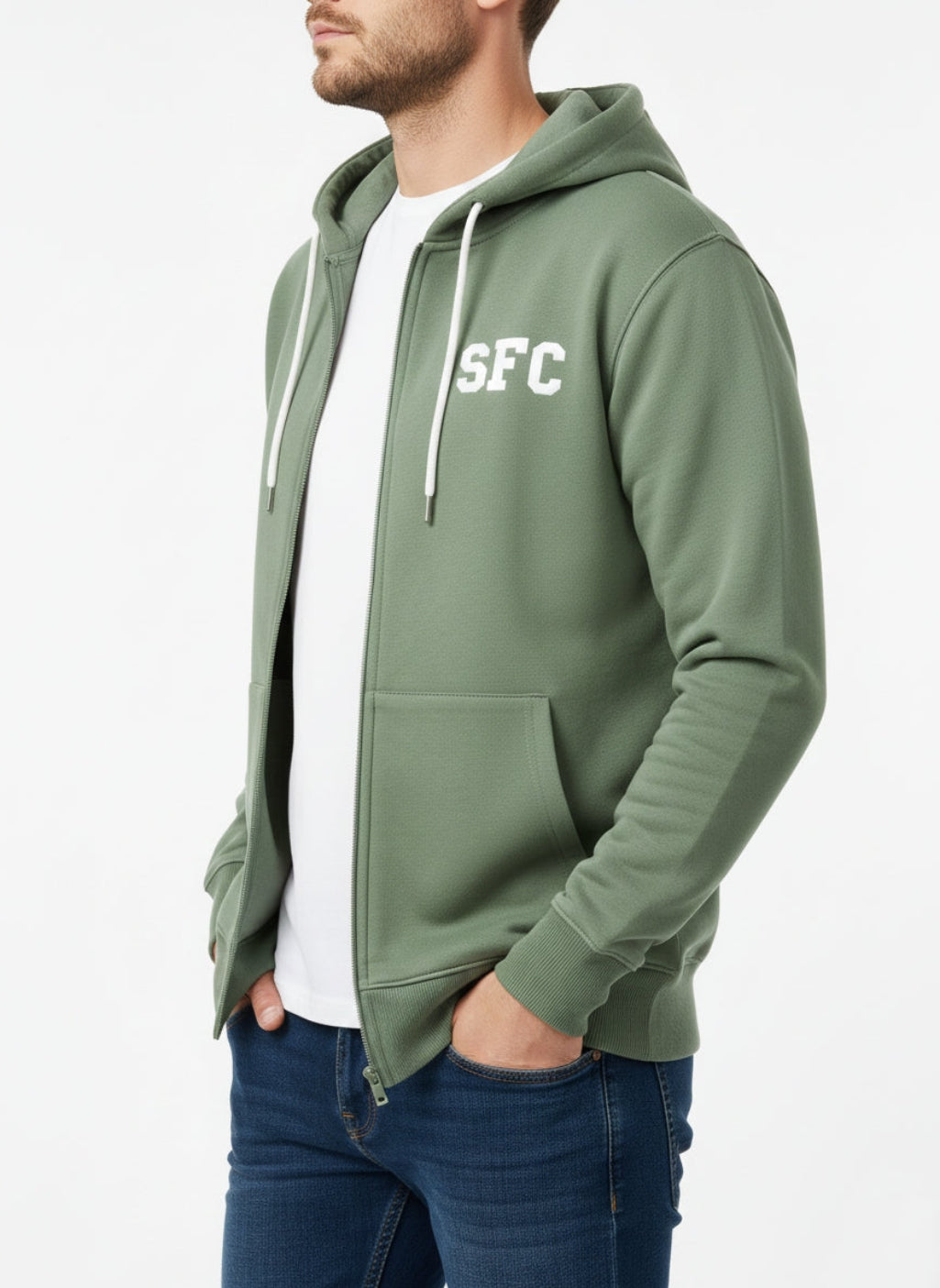 Men's zip up Hoodie with white draw strings - Military Green