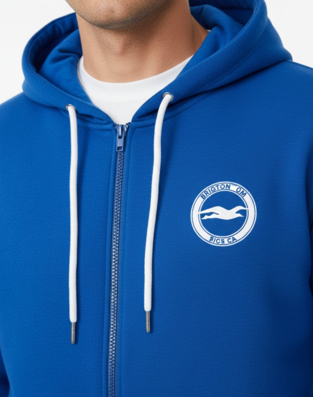 Men's Zip Up Hoodie - Blue With White Draw Strings