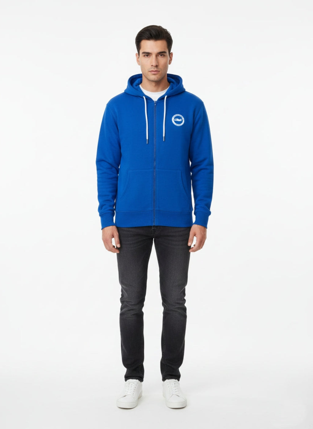Men's Zip Up Hoodie - Blue With White Draw Strings