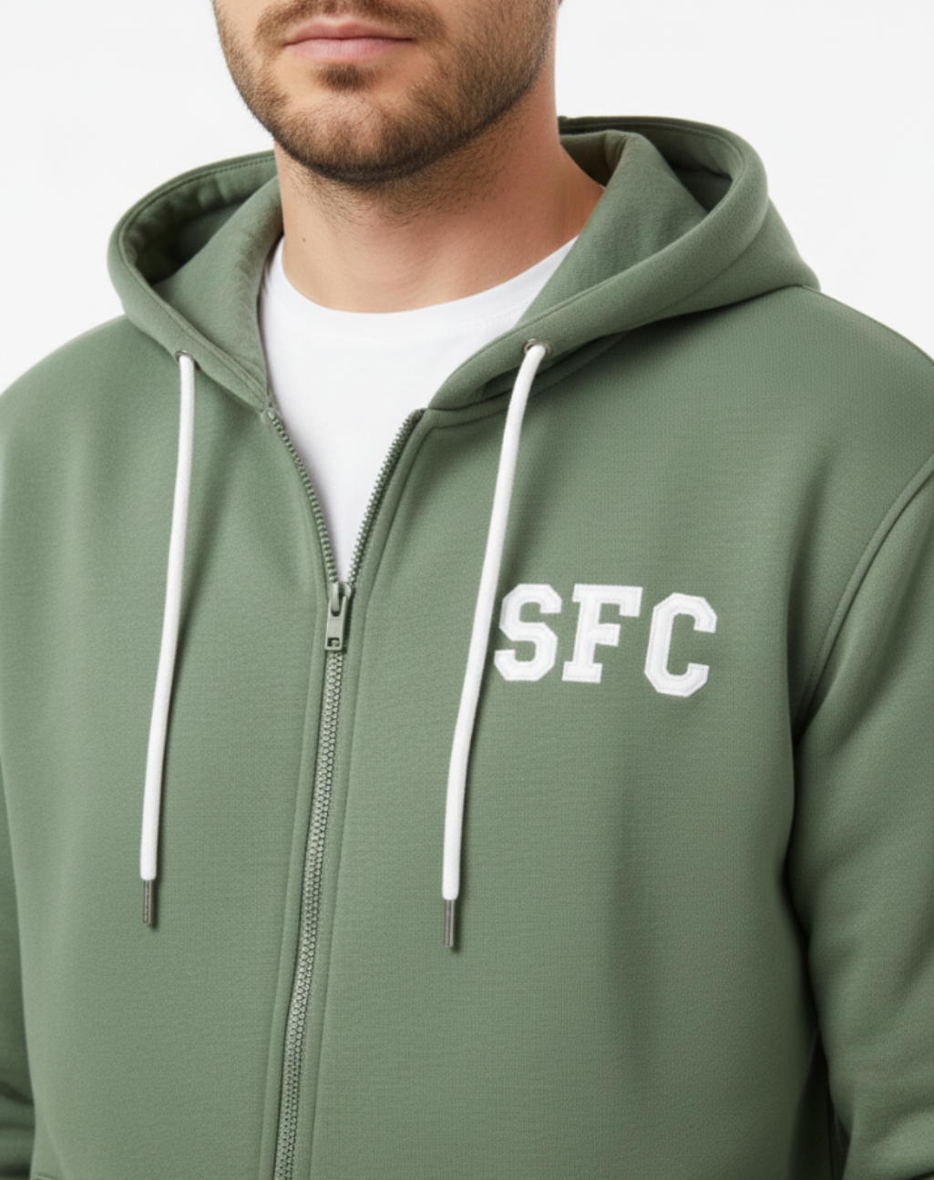 Men's zip up Hoodie with white draw strings - Military Green