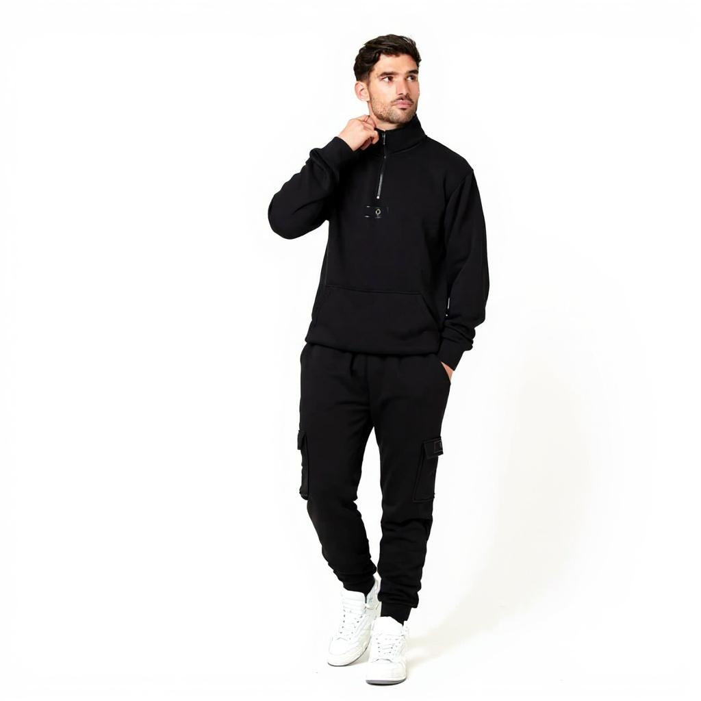 Men's Fleece Voi London Mock-Neck Tracksuit With Zipper  - Black
